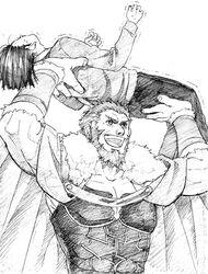  armor beard cape facial_hair fate/zero fate_(series) graphite_(medium) greyscale hikaritanuki lifting male monochrome multiple_boys rider_(fate/zero) size_difference traditional_media trembling waver_velvet white_background 