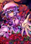  bat_wings blue_hair flower hat petals red_eyes remilia_scarlet rose short_hair smile solo touhou wings yagimiwa 