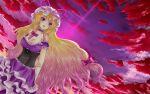  bow breasts choker cleavage cloud corset dress dusk/dawn_(artist) dutch_angle hair_bow hat hat_ribbon large_breasts long_hair purple_eyes ribbon sky solo strapless_dress touhou twilight very_long_hair violet_eyes yakumo_yukari 