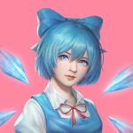  1girl bangs blue_bow blue_dress blue_eyes blue_hair blue_theme bow breasts cirno collared_shirt dress hair_bow highres ice ice_wings ina_zuma lips neck_ribbon pink_background puffy_short_sleeves puffy_sleeves red_neckwear ribbon shirt short_hair short_sleeves small_breasts smile solo touhou upper_body white_shirt wings 
