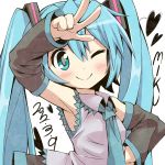  39 2012 arm_up armpits blue_eyes blue_hair blush character_name dated detached_sleeves gibuchoko hair_ribbon hand_on_hip hatsune_miku heart hips long_hair necktie ribbon shirt skirt smile solo twintails vocaloid wink 