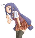  ahoge ayase_yue bell blush braid bunches hair_bell hair_ornament have_to_pee kasuga_yukihito mahou_sensei_negima! purple_eyes purple_hair school_uniform solo thigh-highs thighhighs twin_braids violet_eyes wince 