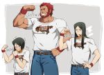  adult arm_up bangs beard belt black_hair blush cigar clenched_hand closed_eyes dual_persona facial_hair fate/zero fate_(series) flex grey_background grin hand_on_hip jeans long_hair lord_el-melloi_ii male multiple_boys necktie odd_one_out parted_bangs pose red_hair redhead rider_(fate/zero) short_hair size_difference smile smoke struggling t-shirt time_paradox trembling uryuu_ryuunosuke waver_velvet white_background wristband young yun_(neo) 