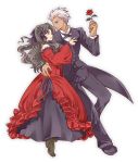  1girl archer bare_shoulders blue_eyes brown_hair dark_skin dress fate/hollow_ataraxia fate/stay_night fate_(series) flower formal gown hair_ribbon height_difference red_rose ribbon rose suit tohsaka_rin toosaka_rin triplebomber two_side_up white_hair 