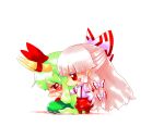  blush bow chibi ex-keine fujiwara_no_mokou green_hair hair_bow hair_ribbon hand_on_shoulder horn_ribbon horns kamishirasawa_keine long_hair multiple_girls nuime open_mouth red_eyes ribbon silver_hair simple_background suspenders tears touhou very_long-hair very_long_hair 