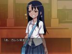  774_(nanashi) bag blue_hair blush breath brown_eyes grin hair_ornament hairclip long_hair nagatoro original school_uniform shirt skirt smile solo translated translation_request 