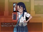  1girl 774_(nanashi) :p bag blue_hair blush brown_eyes brown_hair cellphone facial_hair goatee grin hair_ornament hairclip hand_on_hip hands_on_hips long_hair nagatoro original phone school_uniform shirt skirt smile smirk solo tongue translated translation_request v v_over_eye 