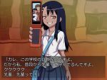  1girl 774_(nanashi) :p bag blue_hair blush brown_eyes cellphone facial_hair goatee grin hair_ornament hairclip long_hair nagatoro original phone school_uniform shirt skirt smile smirk solo tongue translated translation_request v v_over_eye 