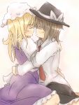  blonde_hair brown_hair closed_eyes eyes_closed hat incipient_kiss maribel_hearn multiple_girls n72 touhou usami_renko yuri 