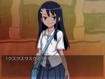  774_(nanashi) bag blue_hair blush brown_eyes grin hair_ornament hairclip long_hair nagatoro original school_uniform shirt skirt smile smirk solo translated translation_request troll_face 