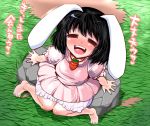  =_= animal_ears bare_legs barefoot black_hair blush bunny_ears carrot dress grass inaba_tewi open_mouth pink_dress rock sako_(bosscoffee) short_hair sitting smile solo tears touhou translation_request 