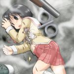  android black_eyes black_hair gaketsu gun injury nichijou open_mouth school_uniform serafuku shinonome_nani shinonome_nano short_hair shotgun skirt solo weapon winding_key 