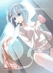  alternate_hairstyle bare_shoulders blue_eyes blue_panties cloud_palette cup hair_ornament hairclip hitodama konpaku_youmu konpaku_youmu_(ghost) mouth_hold mug no_pants off_shoulder panties shirt short_hair silver_hair solo toothbrush touhou towel underwear 