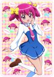  &gt;_&lt; :d =_= ^_^ blush_stickers bow closed_eyes english hair_bow hand_on_own_cheek happy hoshizora_miyuki isumi kneehighs loafers necktie o_o open_mouth pink_eyes pink_hair plaid plaid_background precure romaji school_uniform shoes short_hair short_twintails smile smile_precure! solid_circle_eyes solo twintails white_legwear 