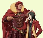  adult armor bangs beard black_hair cape dotted_outline facial_hair fate/zero fate_(series) long_coat long_hair lord_el-melloi_ii male multiple_boys parted_bangs petting red_eyes red_hair redhead rider_(fate/zero) scarf short_hair spoilers time_paradox waver_velvet wince yun_(neo) 