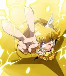  arm_up blonde_hair blush_stickers bowtie cure_peace dress electricity foreshortening kise_yayoi long_hair perspective precure skirt smile_precure! solo surprised taroimo_(takesan) tears v wrist_cuffs yellow yellow_background yellow_dress yellow_eyes 