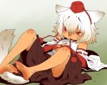  animal_ears barefoot feet hair_between_eyes inubashiri_momiji lying mouth_hold on_back onikobe_rin soles solo tail toes touhou wolf_ears wolf_tail 