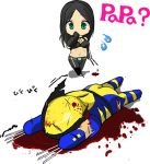  1girl age_difference bikini_top black_hair blood chibi claws death father_and_daughter green_eyes long_hair marvel marvel_vs._capcom marvel_vs._capcom_3 marvel_vs_capcom marvel_vs_capcom_3 midriff navel superhero torn_clothes wolverine x-23 x-men 