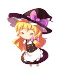  arms_behind_back blonde_hair blueberry_(5959) bow chibi closed_eyes dress eyes_closed hair_bow hat kirisame_marisa long_hair ribbon simple_background smile solo touhou witch witch_hat 