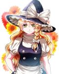  blonde_hair bow braid flower hair_bow hand_on_hip hat hips kirisame_marisa long_hair looking_at_viewer natumisena single_braid smile solo sunflower touhou witch witch_hat yellow_eyes 