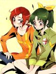  2girls barefoot blush bow embarrassed english_flag feet green_eyes green_hair hair_bow hair_ornament hairclip hino_akane midorikawa_nao multiple_girls orange_eyes pants ponytail precure red_hair redhead shirt short_hair shorts simple_background sitting sleeves_rolled_up smile_precure! smock tima 