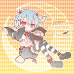  2girls alternate_costume angeltype argyle argyle_background bat bat_wings bloomers blue_hair blush_stickers bow costume devil fang flat_gaze grey_hair hair_ornament hairclip hat horns izayoi_sakuya multiple_girls red_eyes remilia_scarlet short_hair smile striped striped_legwear tail thighhighs touhou underwear wings witch_hat 