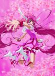  antenna_hair bike_shorts boots cure_happy head_wings heart highres hoshizora_miyuki jumping knee_boots long_hair open_mouth outstretched_arms pink pink_background pink_eyes pink_hair precure red_ribbon ribbon shoe_soles shorts_under_skirt smile smile_precure! solo sparkle spread_arms tisk twintails very_long_hair 