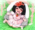  =_= animal_ears bare_legs barefoot black_hair blush bunny_ears carrot dress grass inaba_tewi open_mouth petting pink_dress rock sako_(bosscoffee) short_hair sitting smile solo touhou translation_request 