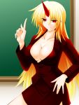  alternate_costume blonde_hair breasts business_suit chalkboard cleavage contemporary engo_(aquawatery) female formal highres horn hoshiguma_yuugi large_breasts long_hair no_bra red_eyes skirt solo suit touhou very_long_hair 