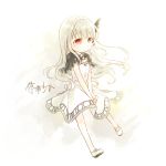  alice_(stagnation_girl) dress hair_ornament long_hair rakuni red_eyes solo stagnation_girl translated translation_request v_arms white_background white_hair 