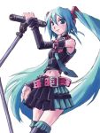  aqua_eyes aqua_hair bare_shoulders belt blue_eyes blue_hair detached_sleeves hatsune_miku kotentsu long_hair microphone microphone_stand navel necktie pleated_skirt skirt sleeveless sleeveless_turtleneck solo turtleneck very_long_hair vocaloid 