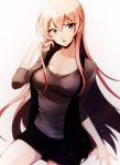  blue_eyes breasts casual collarbone hirococo megurine_luka pink_hair skirt solo vocaloid 