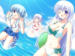  ball beachball bikini blue_eyes blue_hair blush breasts cleavage closed_eyes eyes_closed front-tie_top large_breasts lavender_hair long_hair multiple_girls navel nora_(otome70121) original sarong short_hair splash splashing sunbeam sunlight swimsuit wading wink 