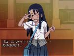  774_(nanashi) bag blue_hair blush brown_eyes hair_ornament hairclip long_hair nagatoro original school_uniform shirt skirt solo translated translation_request v v_over_eye 