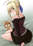 1girl arm_support bare_shoulders blonde_hair blush fate/hollow_ataraxia fate/stay_night fate_(series) frills green_eyes hair_ribbon highres kneeling lion looking_at_viewer looking_back nono_(noppodesu) noppodesu pleated_skirt ribbon saber skirt stuffed_animal stuffed_lion stuffed_toy 