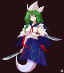  alphes_(style) capelet dress dual_wielding full_body ghost ghost_tail green_eyes green_hair hat highly_responsive_to_prayers kaoru_(gensou_yuugen-an) knife long_hair mima parody sailor_dress simple_background skirt solo style_parody touhou touhou_(pc-98) 