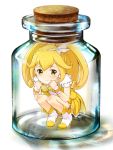  1girl bike_shorts blonde_hair boots bottle cork cure_peace dress earrings girl_in_a_box hair_ornament jewelry kise_yayoi magical_girl precure shorts_under_skirt shouin smile_precure! solo squatting tears white_background yellow_bike_shorts yellow_dress yellow_eyes 