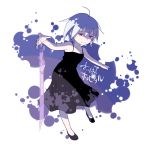  ahoge black_dress character_request dress farthest_hospital outstretched_arm purple_hair rakuni red_eyes simple_background solo sword weapon white_background 