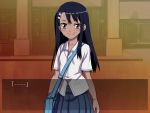  774_(nanashi) bag blue_hair blush brown_eyes hair_ornament hairclip long_hair nagatoro original school_uniform shirt skirt smile solo 