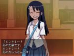  774_(nanashi) :d bag blue_hair blush brown_eyes closed_eyes eyes_closed hair_ornament hairclip long_hair nagatoro open_mouth original school_uniform shirt skirt smile solo translated translation_request 