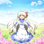  apron blonde_hair blue_dress blue_sky character_request cloud dress flower flower_field hair_ribbon highres key kousa_(black_tea) long_hair mary_(kagerou_project) open_mouth petals pink_rose red_eyes ribbon rose sky smile solo souzou_forest_(vocaloid) vocaloid 