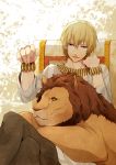  blonde_hair bracelet fate/zero fate_(series) gilgamesh jewelry lion male necklace red_eyes riku65 sitting 