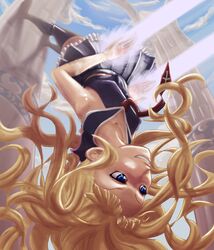  blonde_hair blue_hair boots cloudy_sky energy_blade evangeline_a_k_mcdowell grin long_image mahou_sensei_negima! pleated_skirt school_uniform serafuku skirt sleeveless smile solo soumakyo thigh-highs thigh_boots thighhighs upside-down 