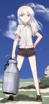  ahoge angry blue_eyes carrying cloud container hand_on_hip hanna-justina_marseille hips long_hair looking_at_viewer milk milk_jug scratch shimada_fumikane shorts sky solo strike_witches white_hair young 