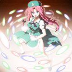  bad_id bow braid chinese_clothes danmaku fighting_stance green_eyes hair_bow hat highres hong_meiling kawazuishi long_hair open_mouth red_hair redhead shoes solo spell_card star touhou twin_braids 
