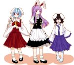  :&lt; _sleeves animal_ears ankle_socks apron arms_behind_back bad_id bakatoiuyatugabaka bare_shoulders black_hair blue_hair blush bobby_socks boots bunny_ears buttons cosplay detached_sleeves dress_shirt frills frown gohei hakurei_reimu hakurei_reimu_(cosplay) hands_in_sleeves inaba_tewi kirisame_marisa kirisame_marisa_(cosplay) kochiya_sanae kochiya_sanae_(cosplay) lace long_hair looking_at_viewer mary_janes miko multiple_girls neckerchief open_mouth outline puffy_detached_sleeves puffy_short_sleeves puffy_sleeves purple_hair red_eyes reisen reisen_udongein_inaba shadow shirt shoes short_hair short_sleeves simple_background skirt socks standing touhou vest white_background white_boots wide_sleeves 