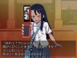  1girl 774_(nanashi) :p bag blue_hair blush brown_eyes brown_hair cellphone facial_hair goatee hair_ornament hairclip long_hair nagatoro original phone school_uniform shirt skirt solo sweat tongue translated translation_request v v_over_eye wink 