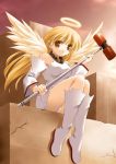 artist_request blonde_hair collar copyright_request detached_sleeves halo hammer highres long_hair sitting wings yellow_eyes 