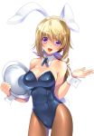  108_gou 1girl animal_ears blonde_hair breasts brown_legwear bunny_girl bunny_tail bunnysuit charlotte_dunois cleavage detached_collar hair_ribbon infinite_stratos long_hair open_mouth pantyhose ponytail rabbit_ears ribbon simple_background smile solo tail violet_eyes white_background wrist_cuffs 
