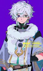  1boy arm_at_side artist_name bead_necklace beads belt braid brown_belt closed_mouth double-parted_bangs earrings egasumi expressionless film_grain fur_scarf green_eyes hair_between_eyes hair_tubes hand_under_clothes heterochromia highres japanese_clothes jewelry kariginu looking_to_the_side magatama magatama_necklace male_focus messy_hair multicolored_eyes murakumo_kagetsu murakumo_kagetsu_(1st_costume) necklace nijisanji nr_gnsn pom_pom_(clothes) purple_background scarf short_hair side_braid single_earring solo tassel three-quarter_sleeves turtleneck twitter_username two-tone_eyes upper_body vambraces violet_eyes virtual_youtuber watermark white_hair white_scarf 